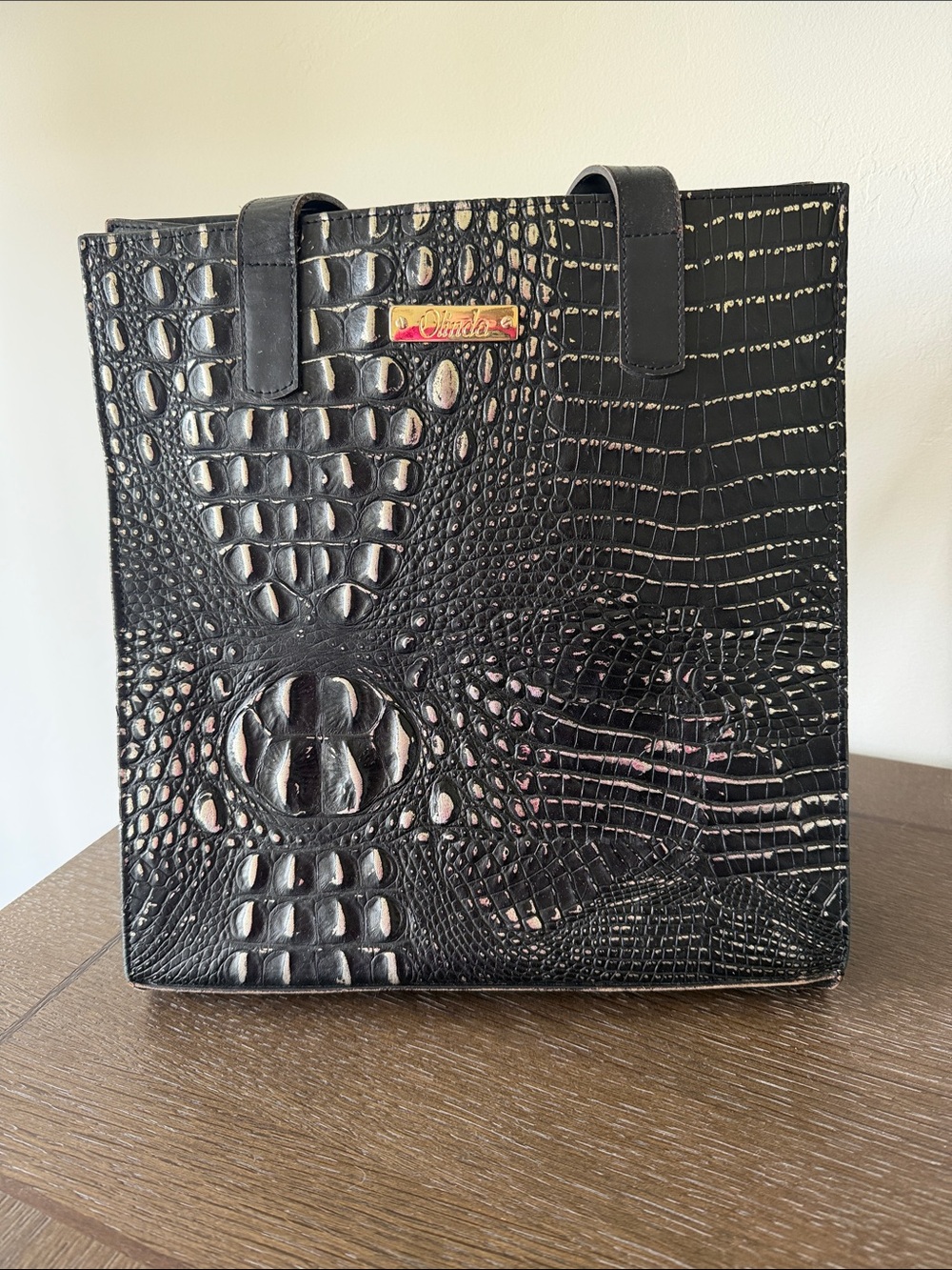 Olinda black silver croc embossed leather tote bag